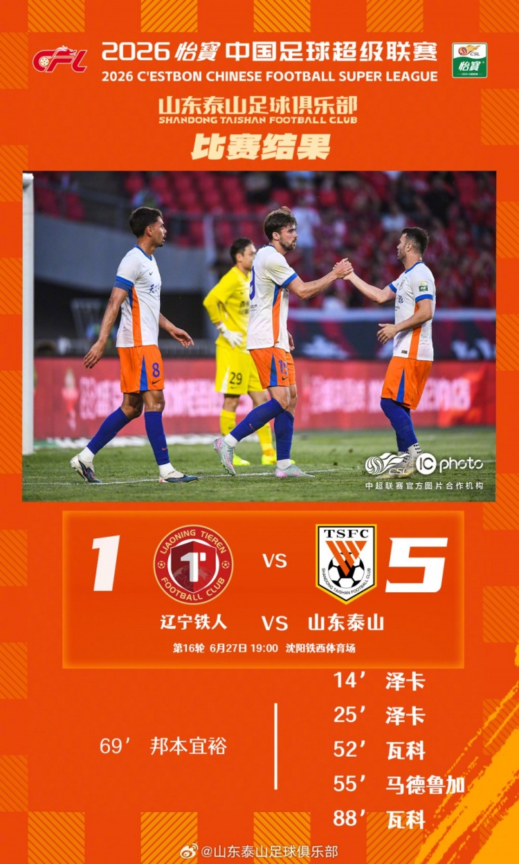 山东泰山客场5-1横扫辽宁铁人 泽卡瓦科双响炮 山东泰山客场5-1横扫辽宁铁人 泽卡瓦科双响炮